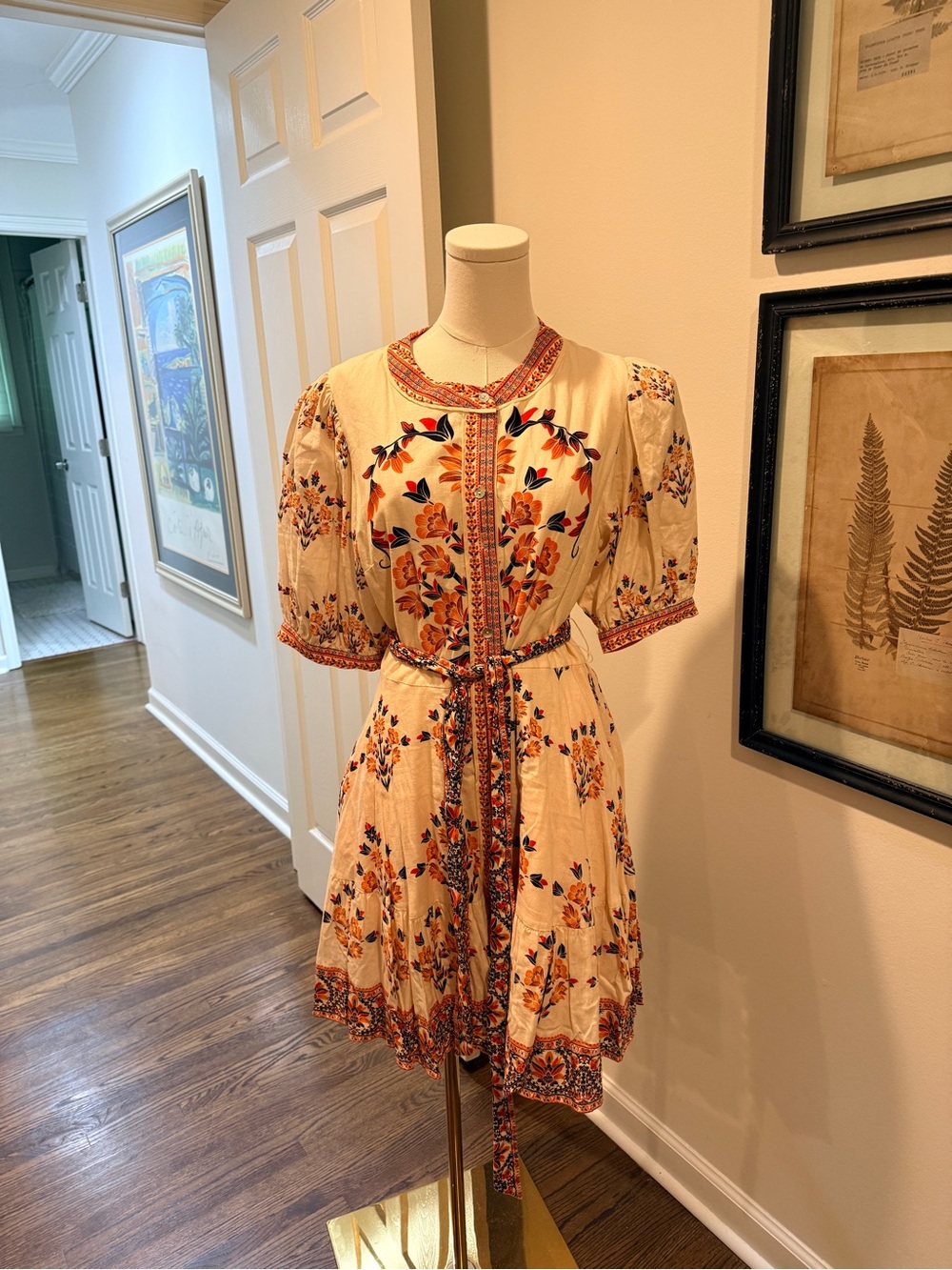 Cream Floral Embroidered Short Dress with Tie Waist